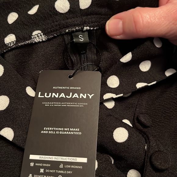 LUNAJANY BLACK DRESS WITH POLKA DOT TRIM. NWT. SIZE SMALL - Picture 3 of 9